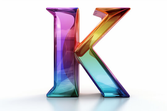 Multicolor glass alphabet, initial letter K isolated on white background, colorful 3D uppercase abc for poster, banner, website layout 