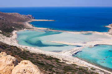 Balos beach famous landmark beach landscape in Crete, Greek Islands. Quiet turquoise beach pool with white sand on a summer vacation destination