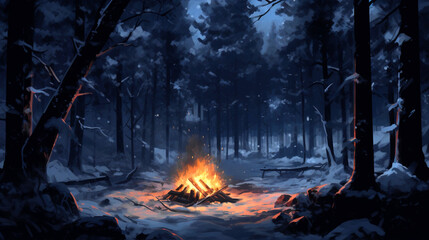 Glowing Embers Amidst Snowy Pines, generative ai