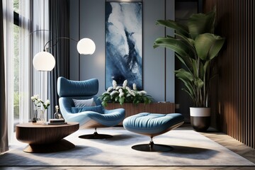 Contemporary lounge with blue armchair interior design. Generative AI