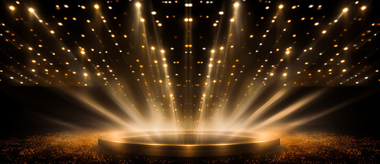 Podium with golden light lamps background. Golden light award stage with rays and sparks
 - obrazy, fototapety, plakaty
