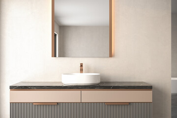 Close up of white sink marble countertop, beige background