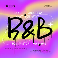 Y2k blurred gradient poster with brutalism elements, typography. Graffiti text of R&b in holographic artwork design with spray texture. Cool design for fashion graphics, t shirt prints, street wear. © Olya Teplota