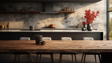 Kitchen wooden table top and kitchen blur background interior style scandinavian. Generative Ai