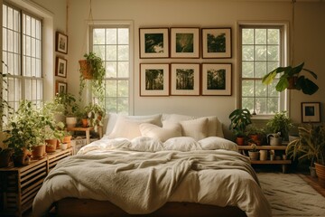 Empty picture frames hang above the bedroom with a spacious bed, pillows, and potted plants. Generative AI