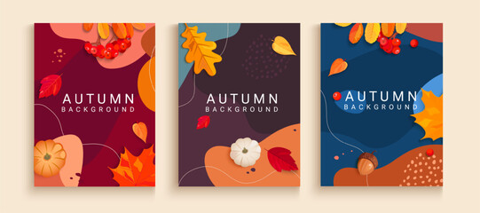Set of vertical autumn abstract banners with colorful fall leaves,rowanberries,acorns,pumpkins and place for text.Fall season flyers,presentations,promo,web,leaflet,poster,invitation.Vector. - obrazy, fototapety, plakaty