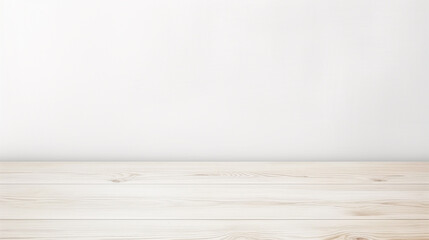Empty wooden white table with blank space white wall background. Generative Ai