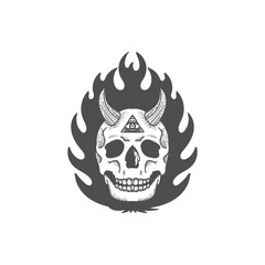 Retro Vintage Gothic Horned Satanic Skull Illuminati Fire Illustration
