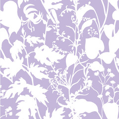 Seamless pattern with herbs and flowers. Botanical silhouettes of herbs and leaves of garden and field summer plants in vector for textiles