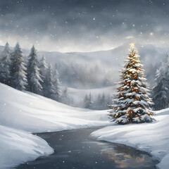 Fototapeta na wymiar Snow covered Christmas tree in winter wonderland. Christmas gift card cover