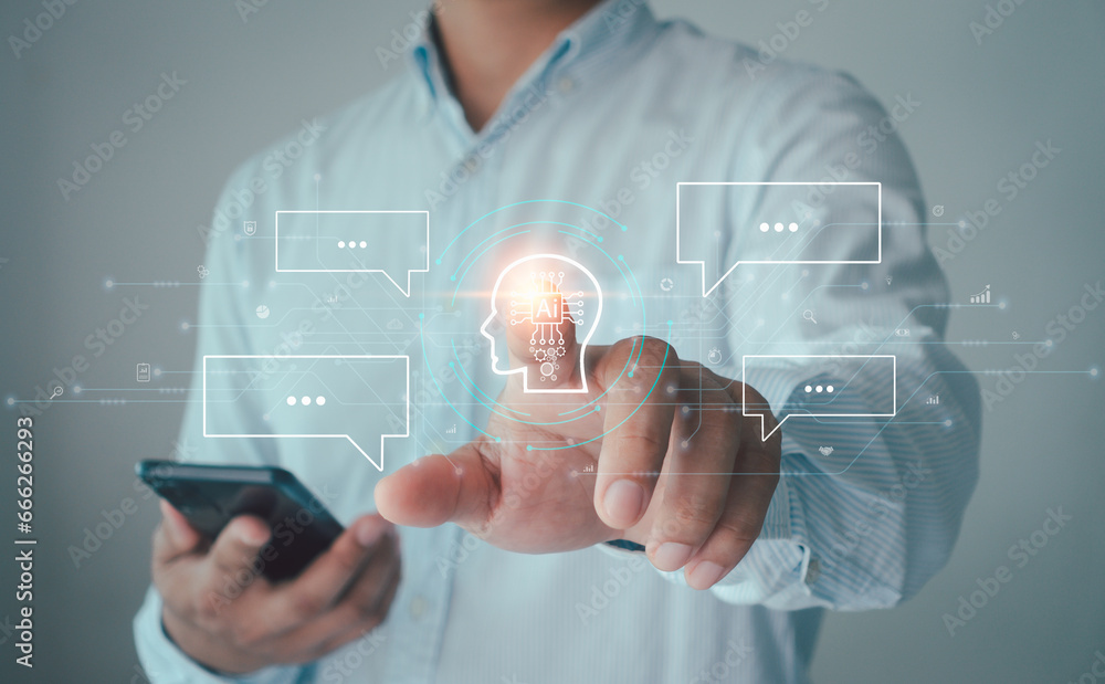 Poster ai technology, artificial intelligence concept. chat with ai, digital assistant chatbot conversation
