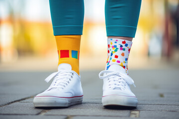 Legs with different pair of socks and white sneakers standing in the street outdoors. Kid foots in mismatched socks. Odd Socks day, Anti-Bullying Week, Down syndrome awareness concept