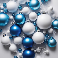 Christmas background. White and Blue Christmas toys. Space for text. White background. Generative AI illustration