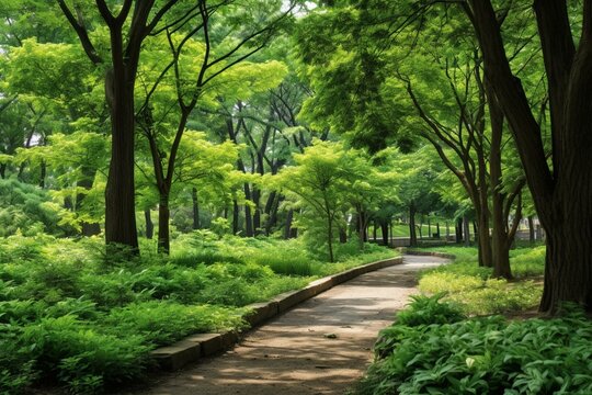 An image of a park with lush greenery and a walking path. Generative AI