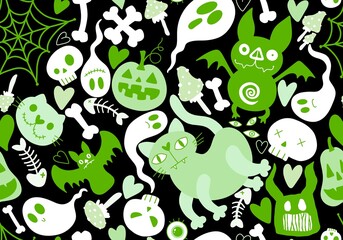Halloween cat and pumpkins seamless ghost and skulls and poison pattern for wrapping paper and fabrics