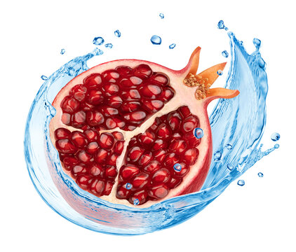 recommend clip art: Pomegranate falling into water splash isolated on white background
