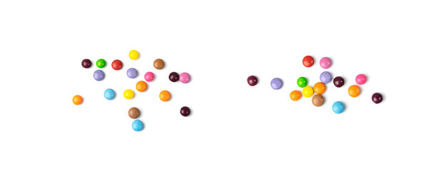 Scattered small candies isolated. Colorful dragees, multicolored glazed chocolate buttons - obrazy, fototapety, plakaty