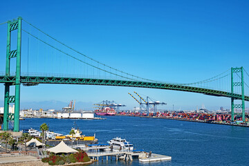 The container terminal at the Port of Los Angeles with the Vincent Thomas Bridge in the foreground.