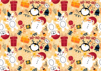 Christmas tree cartoon seamless snowman and snowflakes pattern for wrapping paper and fabrics and linens