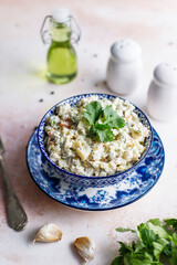 A bowl of traditional russian salad olivier.