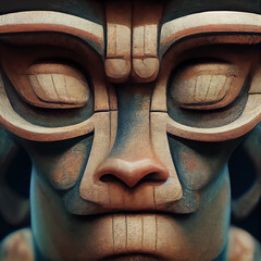 Mayan enigma. Totemic statue's mysterious monkey-faced deity. Clay tribal sculpture - 666267806