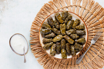 Dolma - stuffed grape leaves with rice and meat.