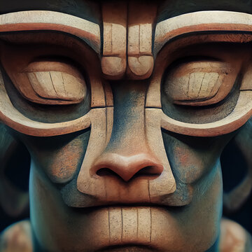 Mayan enigma. Totemic statue's mysterious monkey-faced deity. Clay tribal sculpture