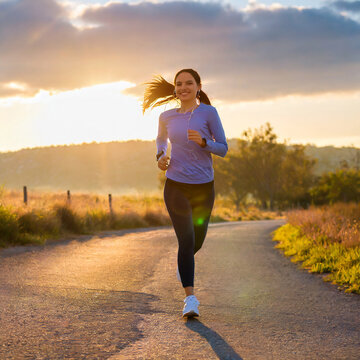 Young woman doing exercise walking and run on country road in the morning with sunrise background, concept of health and lifestyle.
