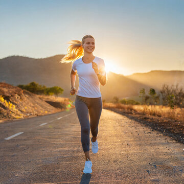 Young woman doing exercise walking and run on country road in the morning with sunrise background, concept of health and lifestyle.