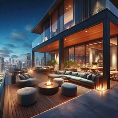 Contemporary rooftop terrace with panoramic city views, comfortable seating, and a fire pit. Urban oasis for evening gatherings and stargazing