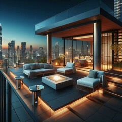 Contemporary rooftop terrace with panoramic city views, comfortable seating, and a fire pit. Urban oasis for evening gatherings and stargazing
