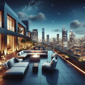 Contemporary rooftop terrace with panoramic city views, comfortable seating, and a fire pit. Urban oasis for evening gatherings and stargazing