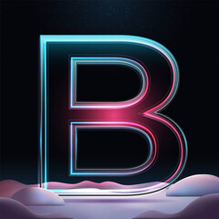 3D glass letter B with neon light insight. Big relistic letter with sparkles and winter background. Holiday decoration. Element for design poster, advertisign or game