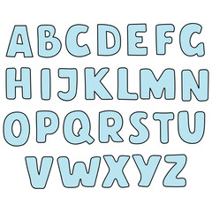 A hand-drawn cartoon English alphabet in blue on a white background.