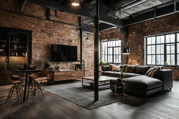 Contemporary urban loft apartment with open-concept living area, exposed brick walls, and industrial-style furniture. Interior design for a trendy city dwelling