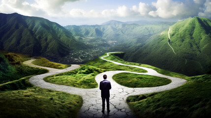 Man at two roads deciding for best chance of environment protection, attractive nature and hills both side, land and technology to manage and make data driven decisions