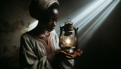 Femme d'origine africaine portant une lampe, regardant vers le sol. 