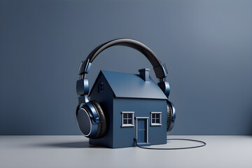 soundproofing home concept, dark blue house with headphones on minimalistic blue background