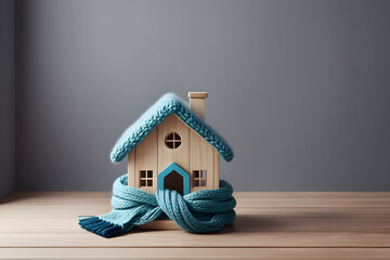 thermal insulation concept, knitted house on a minimalistic background