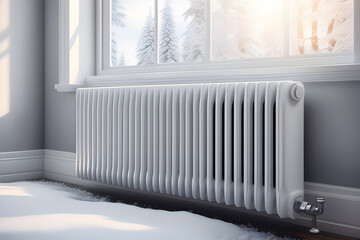 concept no heating, cold white radiators in the snow, winter view