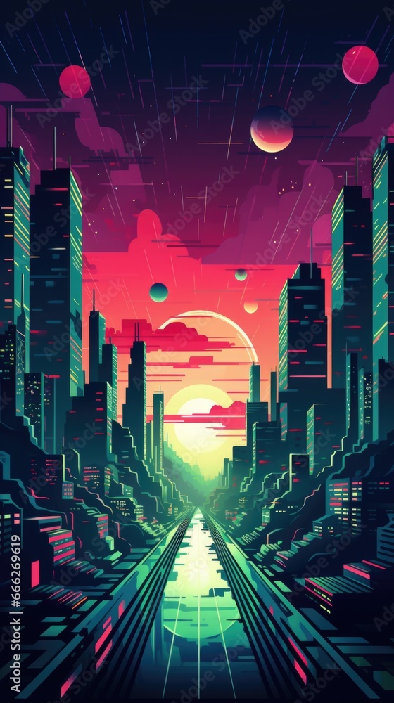 Wall mural A futuristic cityscape with a sunset in the background. Art deco imaginary poster.