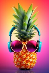 A pineapple wearing sunglasses and headphones. Vibrant pop art image.