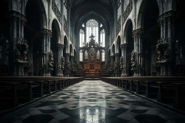 Gloomy interior of a grand church. Generative AI