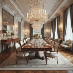 Elegant dining room with a crystal chandelier, mahogany dining table, and plush upholstered chairs. Classic and refined formal dining setting