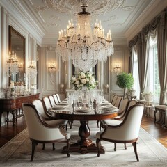 Elegant dining room with a crystal chandelier, mahogany dining table, and plush upholstered chairs. Classic and refined formal dining setting - obrazy, fototapety, plakaty