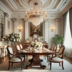 Elegant dining room with a crystal chandelier, mahogany dining table, and plush upholstered chairs. Classic and refined formal dining setting - obrazy, fototapety, plakaty