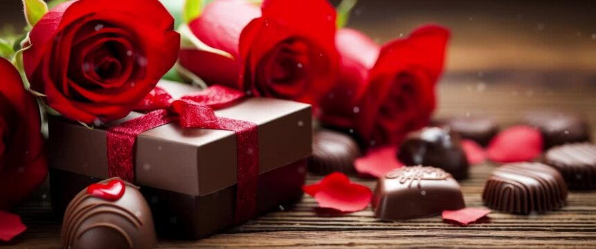 Anamorphic video red roses and chocolate candies for Valentine's Day. Love and romance concept.