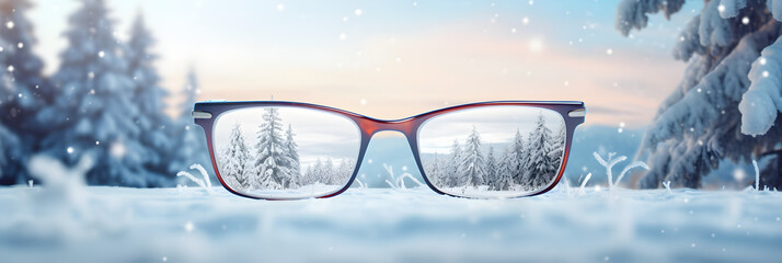 bannière promotionnelle pour lunettes de vue sur un fond hivernal - obrazy, fototapety, plakaty