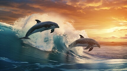 Playful dolphins jumping over breaking waves. Hawaii Pacific Ocean wildlife scenery. 