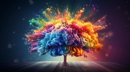 Rainbow human brain explosion, cognitive overload, creative inspiration, World Mental Health Day, psychology and neurology.